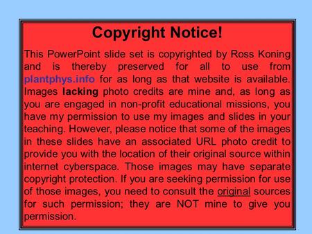 Copyright Notice! This PowerPoint slide set is copyrighted by Ross Koning and is thereby preserved for all to use from plantphys.info for as long as that.