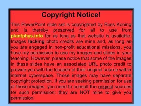 Copyright Notice! This PowerPoint slide set is copyrighted by Ross Koning and is thereby preserved for all to use from plantphys.info for as long as that.