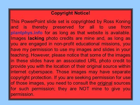 Copyright Notice! This PowerPoint slide set is copyrighted by Ross Koning and is thereby preserved for all to use from plantphys.info for as long as that.