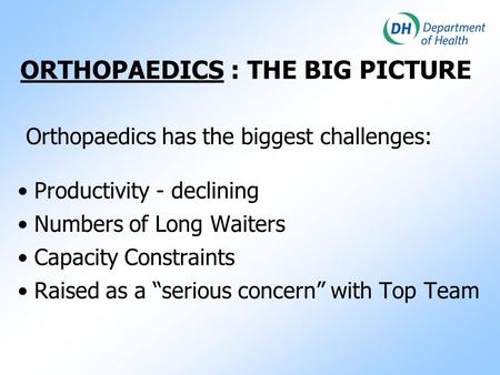 Meeting the Musculo-Skeletal Challenge Avril Imison Dept of Health:Access Policy Lead - Orthopaedics and Musculo-Skeletal Services.