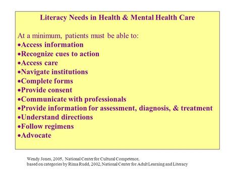 Wendy Jones, 2005, National Center for Cultural Competence, based on categories by Rima Rudd, 2002, National Center for Adult Learning and Literacy Literacy.