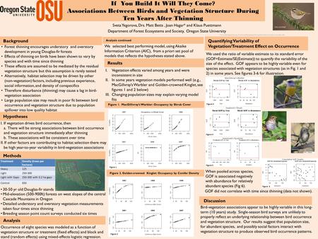 If You Build It Will They Come? Associations Between Birds and Vegetation Structure During Ten Years After Thinning Sveta Yegorova, Drs. Matt Betts, Joan.