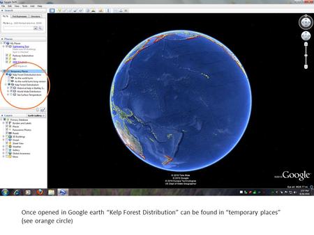 Once opened in Google earth Kelp Forest Distribution can be found in temporary places (see orange circle )