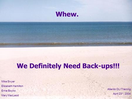 We Definitely Need Back-ups!!! Whew. Mike Sivyer Elizabeth Hamilton Ernie Boyko Mary MacLeod Atlantic DLI Training April 23 rd, 2004.