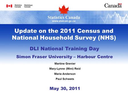 DLI National Training Day Simon Fraser University – Harbour Centre Martine Grenier Mary-Lynne (Mini) Reid Marie Anderson Paul Schwets May 30, 2011 Update.