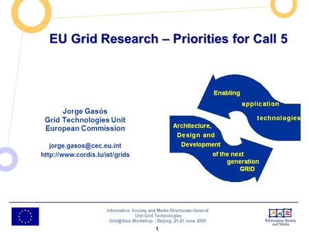 Information Society and Media Directorate-General Unit Grid Technologies Workshop - Beijing, 21-23 June 2005 1 EU Grid Research – Priorities.