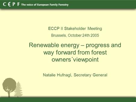 ECCP II Stakeholder Meeting Brussels, October 24th 2005 Renewable energy – progress and way forward from forest owners´viewpoint Natalie Hufnagl, Secretary.