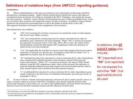 In addition, the KP LULUCF tables also include: R (reported) andNR (not reported) for not elected 3.4 activities NA (not applicable) should de used Definitions.