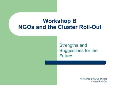 Workshop B NGOs and the Cluster Roll-Out Strengths and Suggestions for the Future.