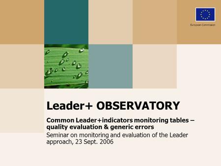 Leader+ OBSERVATORY Common Leader+indicators monitoring tables – quality evaluation & generic errors Seminar on monitoring and evaluation of the Leader.