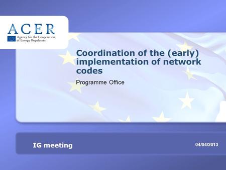 IG meeting TITRE 04/04/2013 IG meeting Coordination of the (early) implementation of network codes Programme Office.