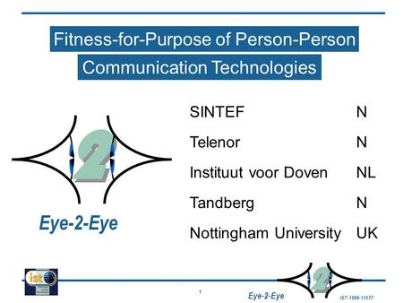 1 IST-1999-11577 2 2 Eye-2-Eye Fitness-for-Purpose of Person-Person Communication Technologies SINTEFN Instituut voor DovenNL TandbergN Nottingham UniversityUK.