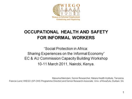 1 OCCUPATIONAL HEALTH AND SAFETY FOR INFORMAL WORKERS Social Protection in Africa: Sharing Experiences on the Informal Economy EC & AU Commission Capacity.