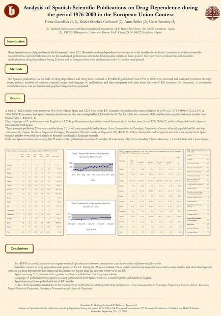 Analysis of Spanish Scientific Publications on Drug Dependence during the period 1976-2000 in the European Union Context Elena Guardiola (1, 2), Xavier.