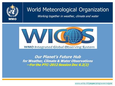 World Meteorological Organization Working together in weather, climate and water Our Planets Future Hub for Weather, Climate & Water Observations --For.