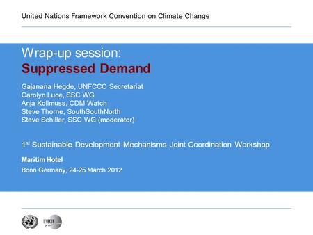 Wrap-up session: Suppressed Demand Gajanana Hegde, UNFCCC Secretariat Carolyn Luce, SSC WG Anja Kollmuss, CDM Watch Steve Thorne, SouthSouthNorth Steve.