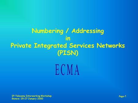 IP-Telecoms Interworking Workshop Geneva 25-27 January 2000 Page -1 Numbering / Addressing in Private Integrated Services Networks (PISN)