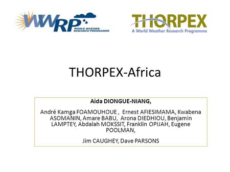 THORPEX-Africa Aida DIONGUE-NIANG, André Kamga FOAMOUHOUE, Ernest AFIESIMAMA, Kwabena ASOMANIN, Amare BABU, Arona DIEDHIOU, Benjamin LAMPTEY, Abdalah MOKSSIT,