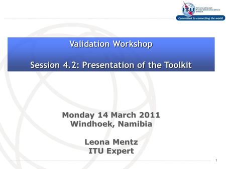 1 Monday 14 March 2011 Windhoek, Namibia Leona Mentz ITU Expert Validation Workshop Session 4.2: Presentation of the Toolkit.