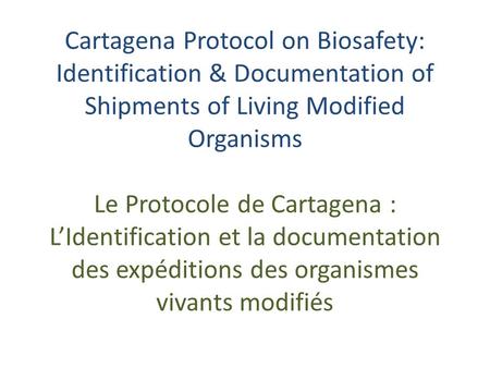 Cartagena Protocol on Biosafety: Identification & Documentation of Shipments of Living Modified Organisms Le Protocole de Cartagena : LIdentification et.