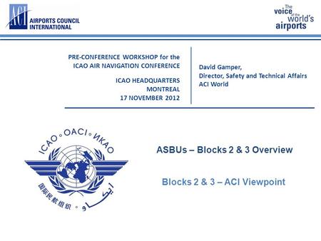 David Gamper, Director, Safety and Technical Affairs ACI World PRE-CONFERENCE WORKSHOP for the ICAO AIR NAVIGATION CONFERENCE ICAO HEADQUARTERS MONTREAL.