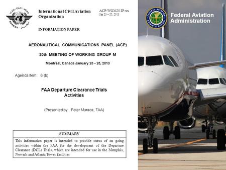 Federal Aviation Administration International Civil Aviation Organization INFORMATION PAPER AERONAUTICAL COMMUNICATIONS PANEL (ACP) 20th MEETING OF WORKING.