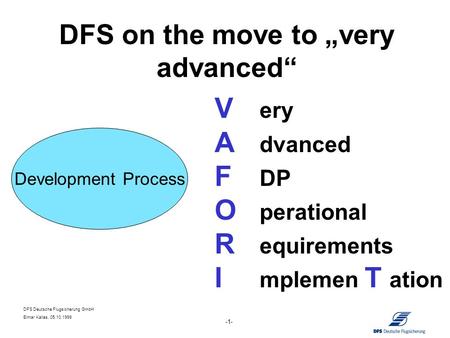 DFS Deutsche Flugsicherung GmbH Elmar Kallas, 05.10.1999 -1- DFS on the move to very advanced V ery A dvanced F DP O perational R equirements I mplemen.