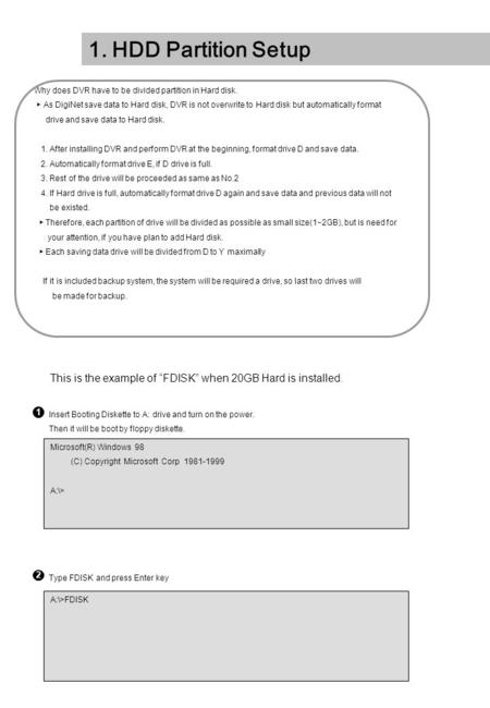 1. HDD Partition Setup Insert Booting Diskette to A: drive and turn on the power. Then it will be boot by floppy diskette. 1 Type FDISK and press Enter.