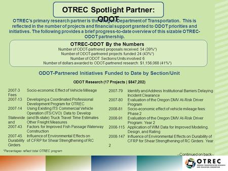 OTREC Spotlight Partner: ODOT OTRECs primary research partner is the Oregon Department of Transportation. This is reflected in the number of projects and.