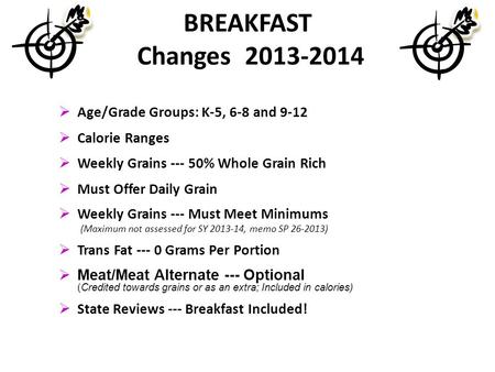 BREAKFAST Changes 2013-2014 Age/Grade Groups: K-5, 6-8 and 9-12 Calorie Ranges Weekly Grains --- 50% Whole Grain Rich Must Offer Daily Grain Weekly Grains.