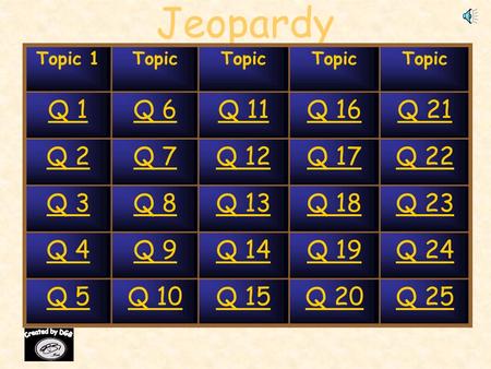 Jeopardy Topic 1Topic Q 1Q 6Q 11Q 16Q 21 Q 2Q 7Q 12Q 17Q 22 Q 3Q 8Q 13Q 18Q 23 Q 4Q 9Q 14Q 19Q 24 Q 5Q 10Q 15Q 20Q 25.