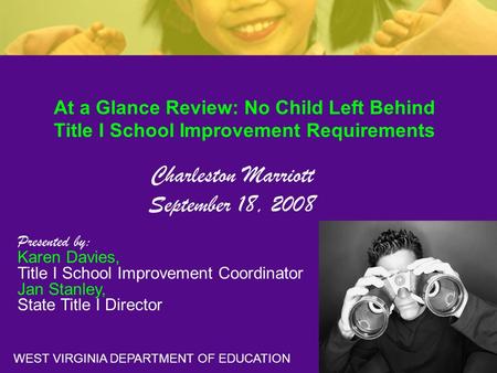 At a Glance Review: No Child Left Behind Title I School Improvement Requirements Charleston Marriott September 18, 2008 Presented by: Karen Davies, Title.