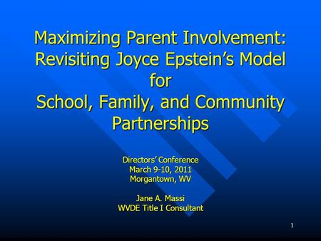 Maximizing Parent Involvement: Revisiting Joyce Epstein’s Model for School, Family, and Community Partnerships Directors’ Conference March 9-10, 2011.