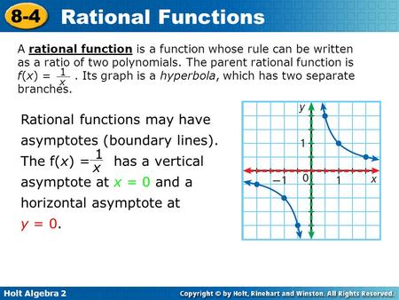 A rational function is a function whose rule can be written as a ratio of two polynomials. The parent rational function is f(x) = . Its graph is a.