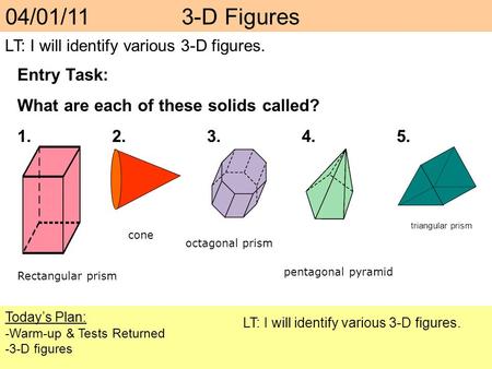 04/01/11 3-D Figures Entry Task: What are each of these solids called?