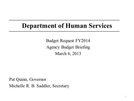 1 Department of Human Services Budget Request FY2014 Agency Budget Briefing March 6, 2013 Pat Quinn, Governor Michelle R. B. Saddler, Secretary.