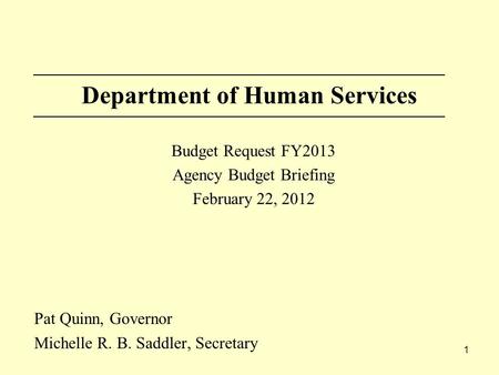 1 Department of Human Services Budget Request FY2013 Agency Budget Briefing February 22, 2012 Pat Quinn, Governor Michelle R. B. Saddler, Secretary.