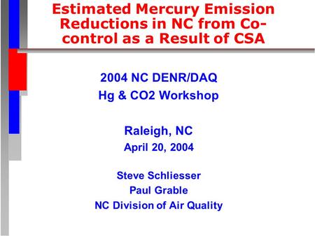 Estimated Mercury Emission Reductions in NC from Co- control as a Result of CSA 2004 NC DENR/DAQ Hg & CO2 Workshop Raleigh, NC April 20, 2004 Steve Schliesser.