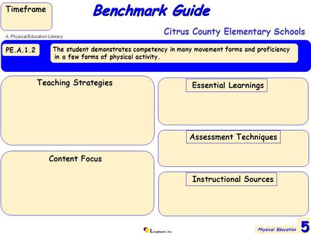 L ongReach, Inc PE.A.1.2 The student demonstrates competency in many movement forms and proficiency in a few forms of physical activity. Benchmark Guide.