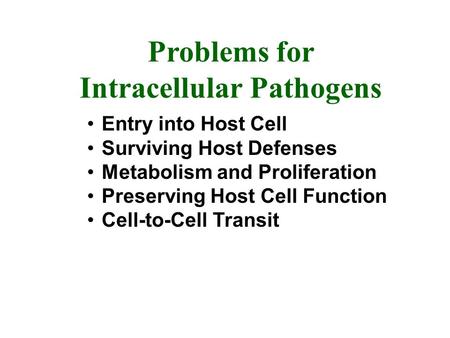 Problems for Intracellular Pathogens Entry into Host Cell Surviving Host Defenses Metabolism and Proliferation Preserving Host Cell Function Cell-to-Cell.