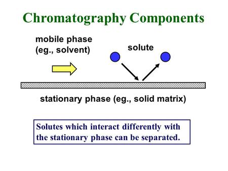 Chromatography Components stationary phase (eg., solid matrix) mobile phase (eg., solvent) solute Solutes which interact differently with the stationary.