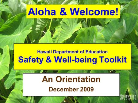 Hawaii Department of Education Safety & Well-being Toolkit An Orientation December 2009 Aloha & Welcome!