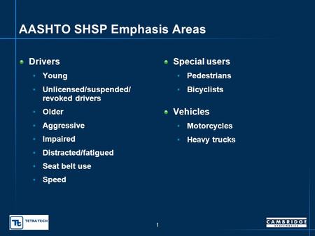 Oklahoma Strategic Highway Safety Plan – Expanded Background Data presented to SHSP Leadership Group SHSP Working Group presented by Sam Lawton, Cambridge.