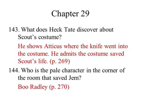 Chapter What does Heck Tate discover about Scout’s costume?