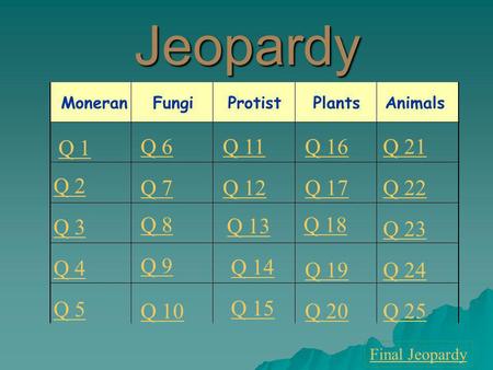 Jeopardy Q 1 Q 2 Q 3 Q 4 Q 5 Q 6Q 16Q 11Q 21 Q 7Q 12Q 17Q 22 Q 8 Q 13 Q 18 Q 23 Q 9 Q 14 Q 19Q 24 Q 10 Q 15 Q 20Q 25 Final Jeopardy ProtistMoneranFungiPlantsAnimals.