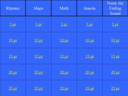 1 10 pt 15 pt 20 pt 25 pt 5 pt 10 pt 15 pt 20 pt 25 pt 5 pt 10 pt 15 pt 20 pt 25 pt 5 pt 10 pt 15 pt 20 pt 25 pt 5 pt 10 pt 15 pt 20 pt 25 pt 5 pt RhymesMapsMathInsects.