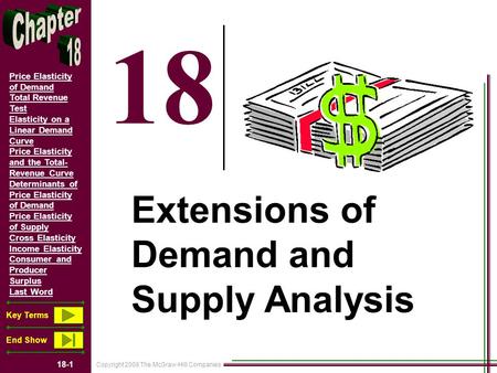 Copyright 2008 The McGraw-Hill Companies 18-1 Price Elasticity of Demand Total Revenue Test Elasticity on a Linear Demand Curve Price Elasticity and the.