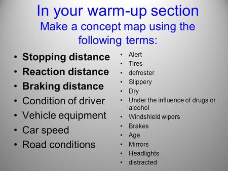 In your warm-up section Make a concept map using the following terms: