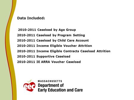 Data Included: 2010-2011 Caseload by Age Group 2010-2011 Caseload by Program Setting 2010-2011 Caseload by Child Care Account 2010-2011 Income Eligible.