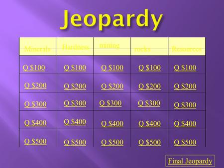 Minerals mining rocks Resources Q $100 Q $200 Q $300 Q $400 Q $500 Q $100 Q $200 Q $300 Q $400 Q $500 Final Jeopardy Hardness.